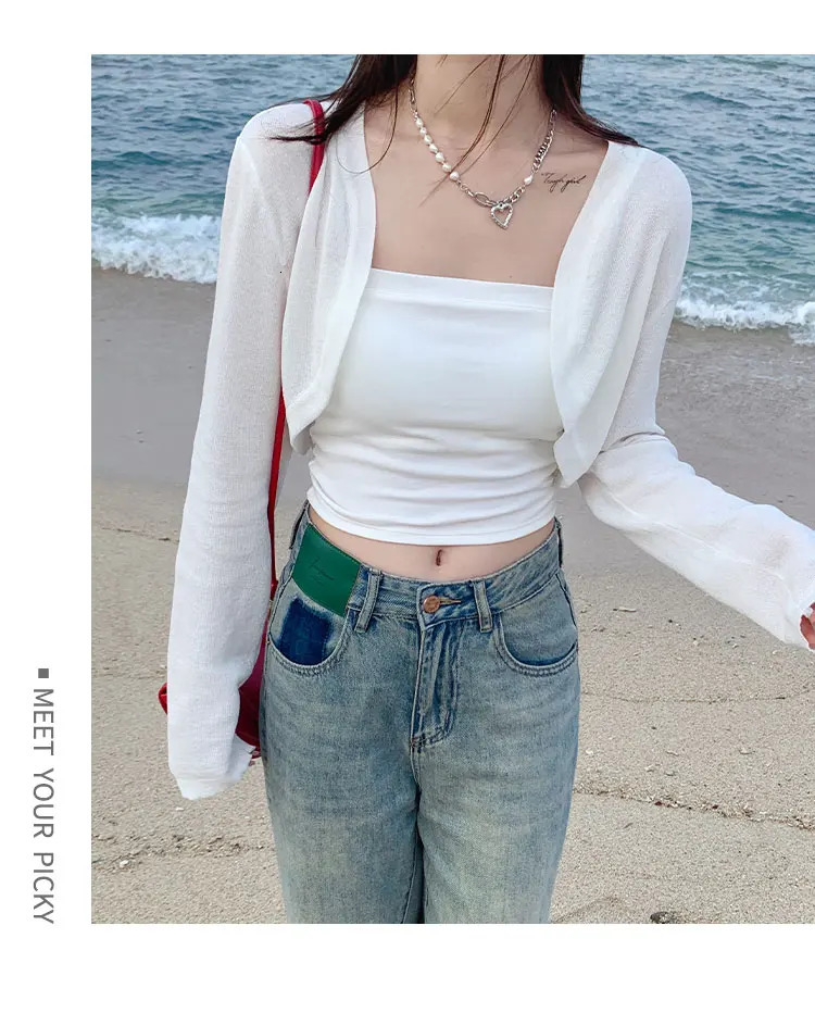 Short Ice Silk Knitted Sun Protection Cardigan Womens Thin Summer Suspender Skirt Layered Gauze Jacket Air-conditioned Cover Up 250616