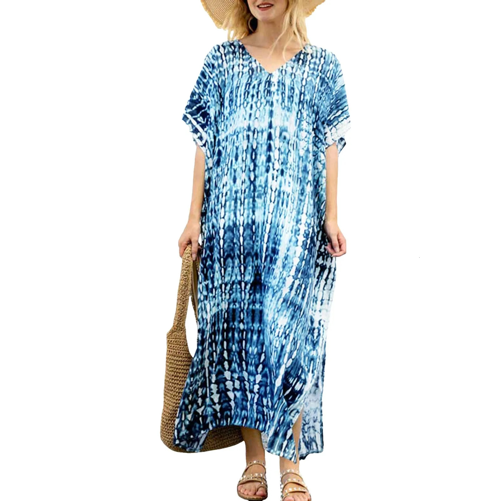 Womens Plus Size Kaftans Casual V Neck Puff Sleeve Boho Loose Floral Long Soft Beach Maxi Summer Swing Party Dresses For Women 250614