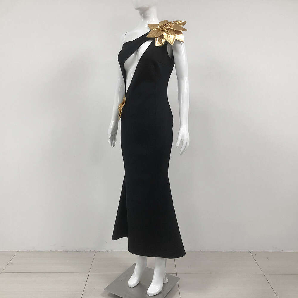 Autumn Fashion Women's Slim Fit Bandage Gold Flower Long Dress New Gown