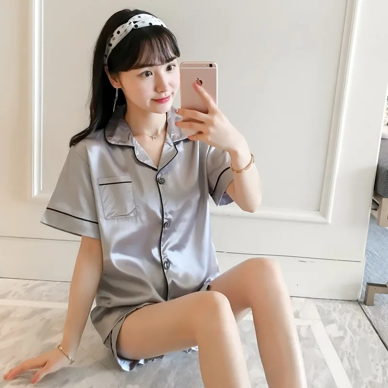 Womens Pajamas Set Satin Sleepwear Button Down Tops and Shorts Pajama 2 Piece Suit Pyjama Femme Nightwear Loungewear for Summer 250616