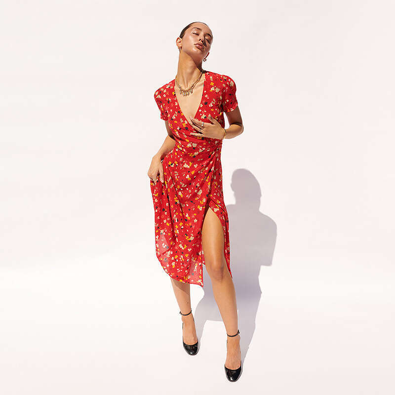 Womens Designer Clothing Dresses for Woman Devise Goth Plus Size Dresses 687 Silk Tea Short Sleeve V-neck Waist Tie Wrap Dress Printed French Style Wo