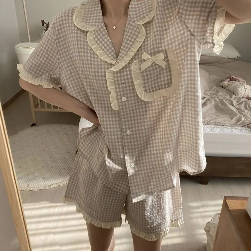 Korean Pajama for Women Summer Loungewear Sleepwear Sets Girls Sweet Plaid Lapel Pyjama Kawaii Ruffle Pijama Japanese Home Suit 250616