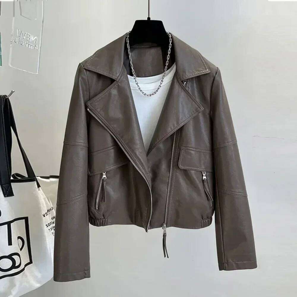 2024 New Spring Autumn Vintage Faux Jacket Women Brown Moto Biker Leather Coats Casual Streetwear Zipper PU Outwear