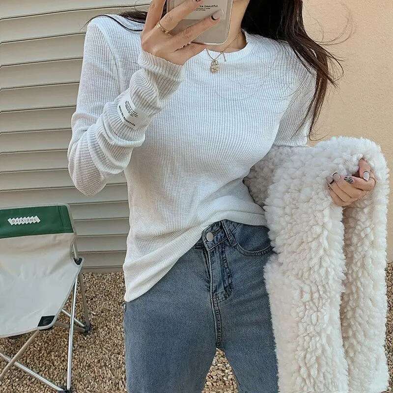 Grey Womens T Shirts 2025 Slim Plain Female Tops Cotton Tshirts Alt Y 2k Harajuku Clothes Long Sleeve Spring and Autumn O