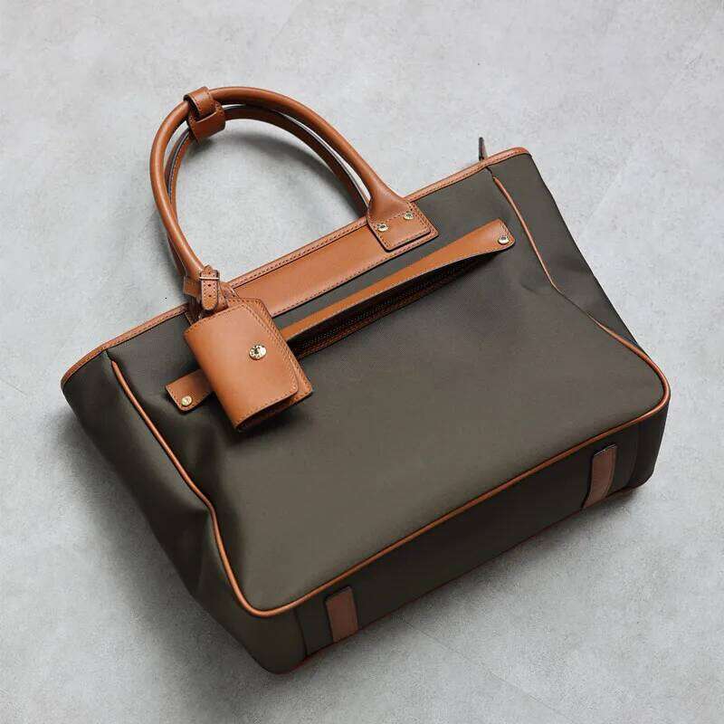 Classic Women Briefcase High Quality Tote Bag Large Capacity Commuting Handbag No Crease Nylon With First Layer Oil Wax Leather