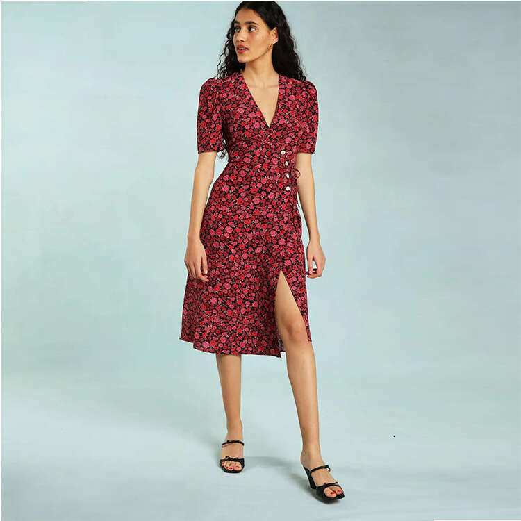 Bodycon Dresses for Women Robe De Designer 114 Summer New 2025 Printed V-neck Short Sleeve Tea Mid-length Waist-cinching French Style Womens Dress