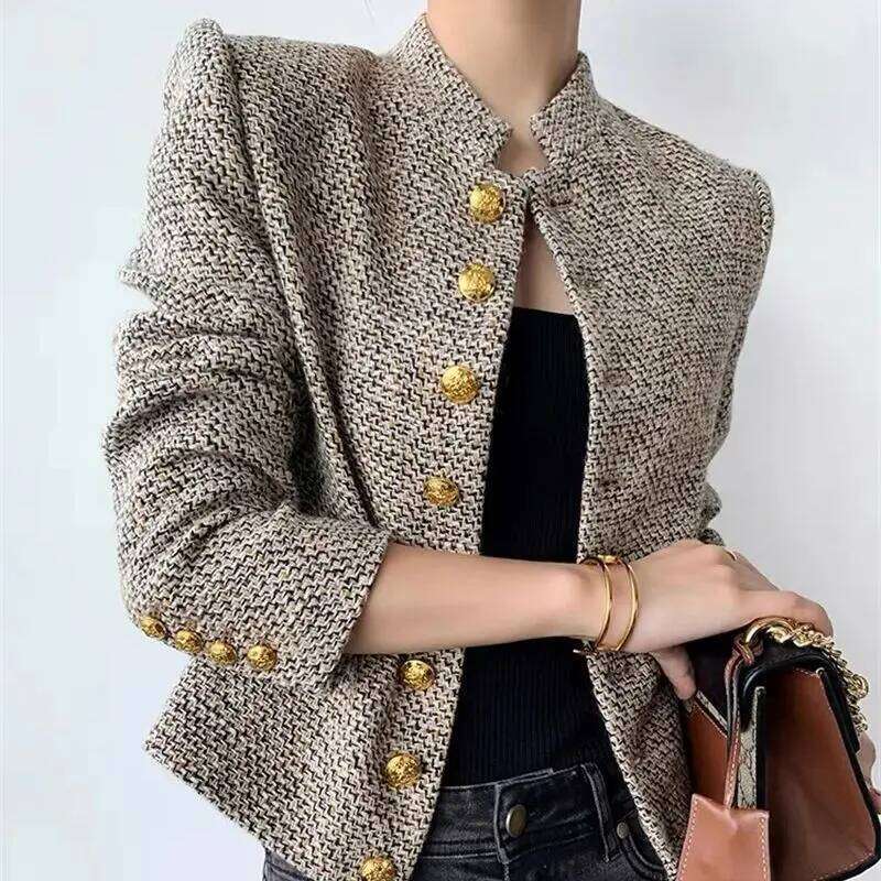 Korea Tweed Jacket Autumn New Women's Stand Collar Golden Buttons Elegant Coats Classic Weave Plaid Small Fragrance Blazer Q989