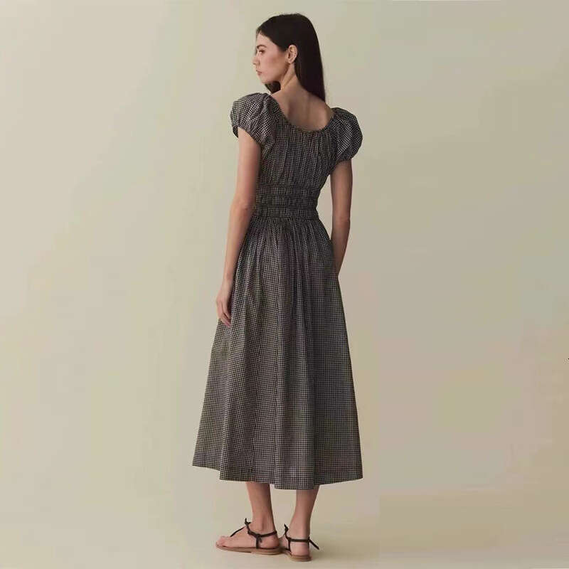 Partydress Clothes Women Designer 710 New 2025 Black and White Plaid Square Neck Pure Cotton Vacation Waist-cinching Mid-length Dress French Style Wom