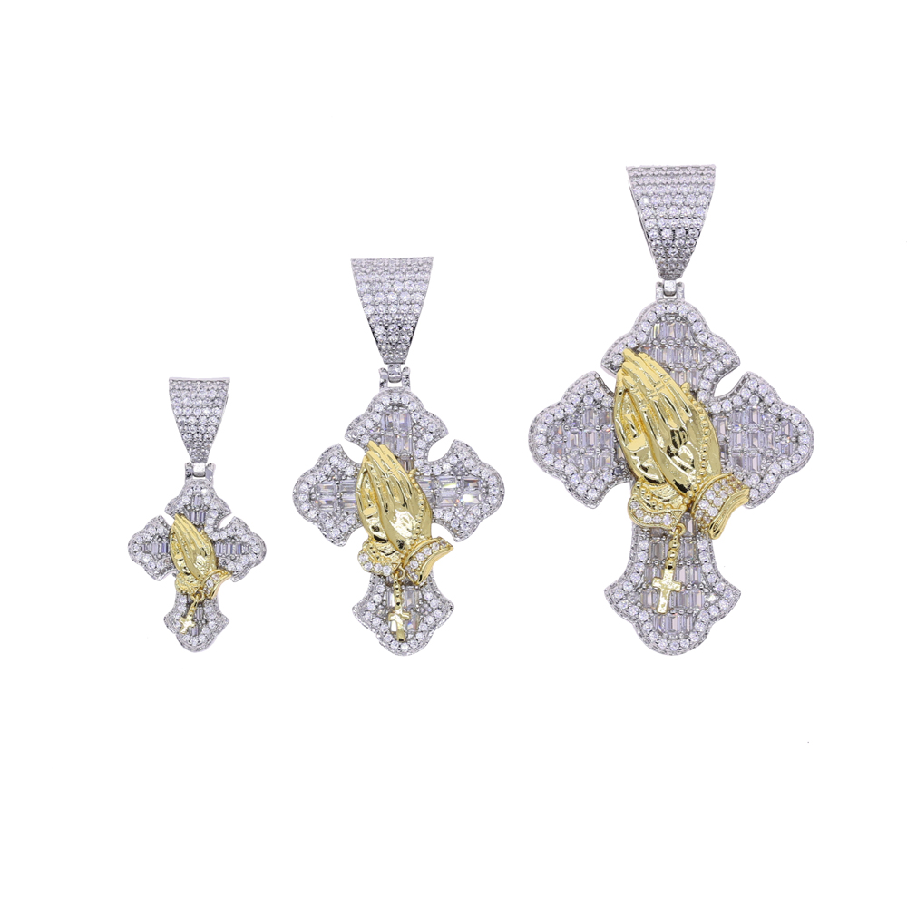 sdzstone 2025 NEW fashion Iced Out Bling Cross Pendant Necklace Praying Hands Pendant Charm For Man Woman Jewelry