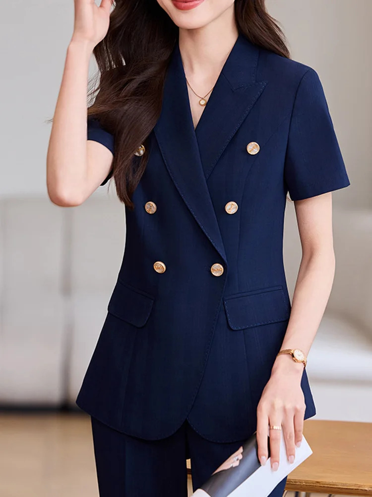 FMZXG All Season Fashion Blazer Women Office Casual Short Sleeve Suits Double Breasted Turn Down Collar Pant 250612