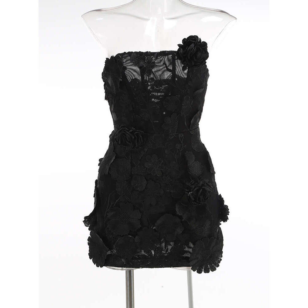 High-end Women's New Sexy Slim Fit Strapless with Floral Decoration A-line Dress for Banquet Evening Gown