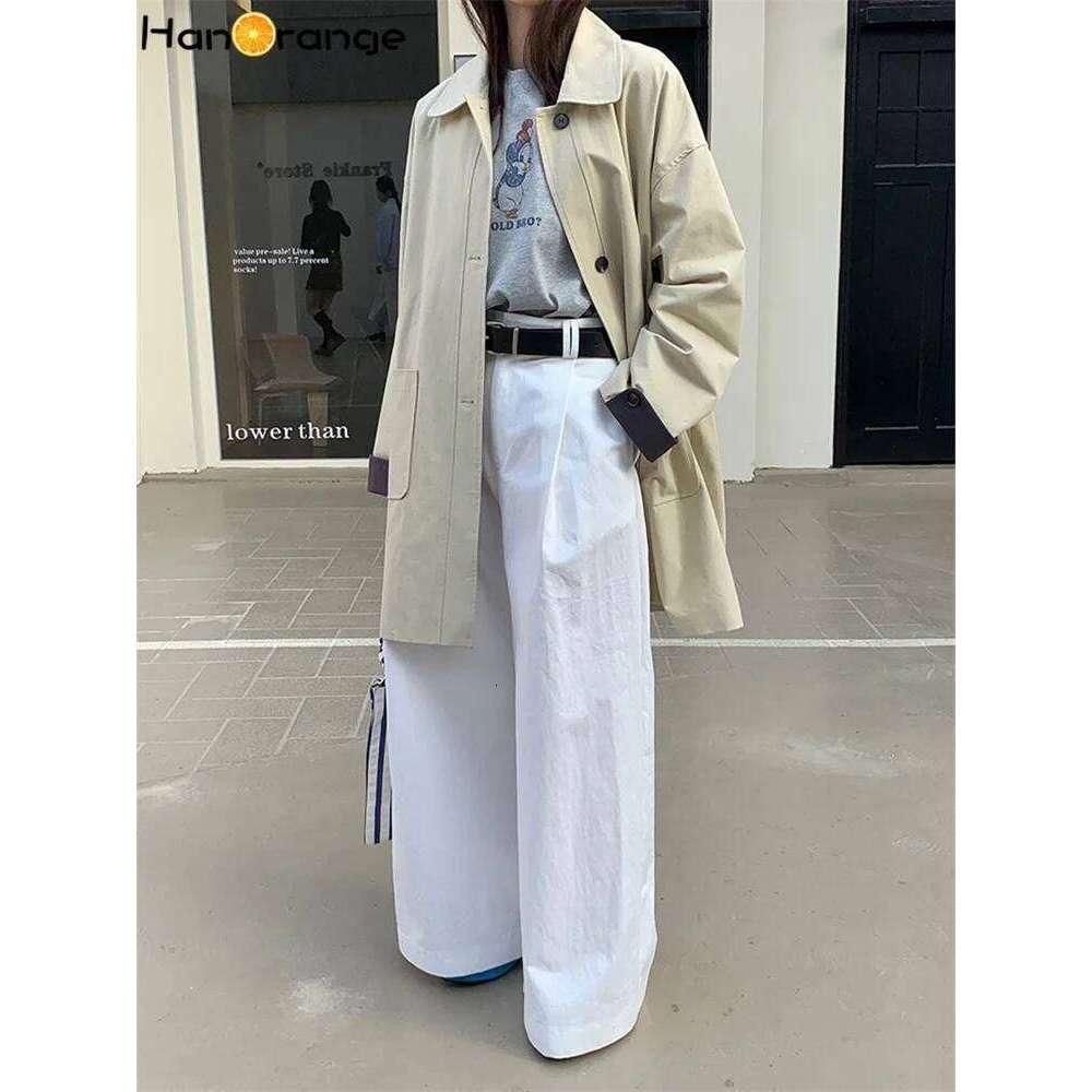 HanOrange 2025 Trench Coat Women Simple Spring Loose Versatile Collared Jacket Top Khaki Beige