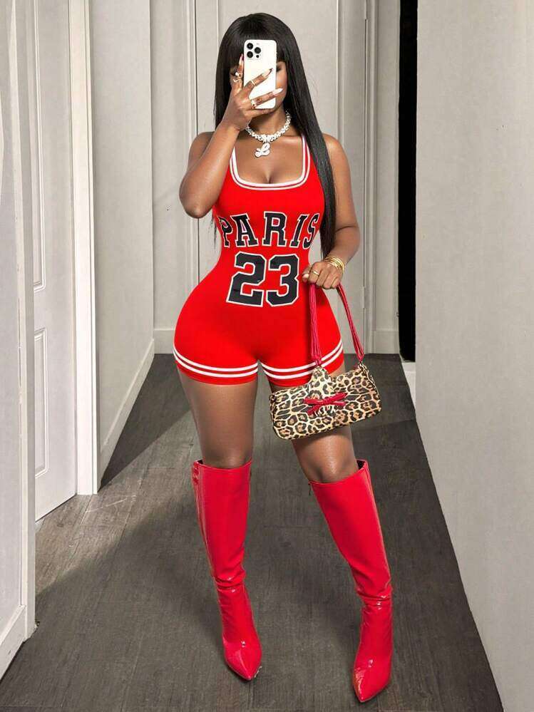 Summer New Women's Sexy Hot Girl Slim Fit Printed Strap U-Neck Bodycon Shorts Jumpsuit B5