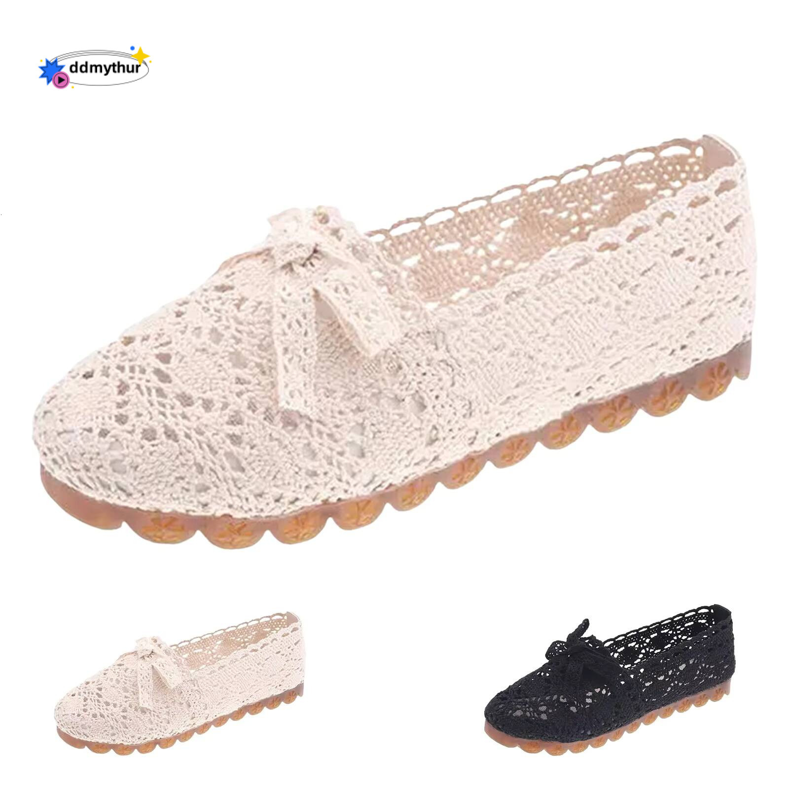 Women Casual Soft Sole Summer Flat Lace Bow Shoes Women's Hollow Out Air Mesh Loafers Womens Solid Color Sandals ddmythur