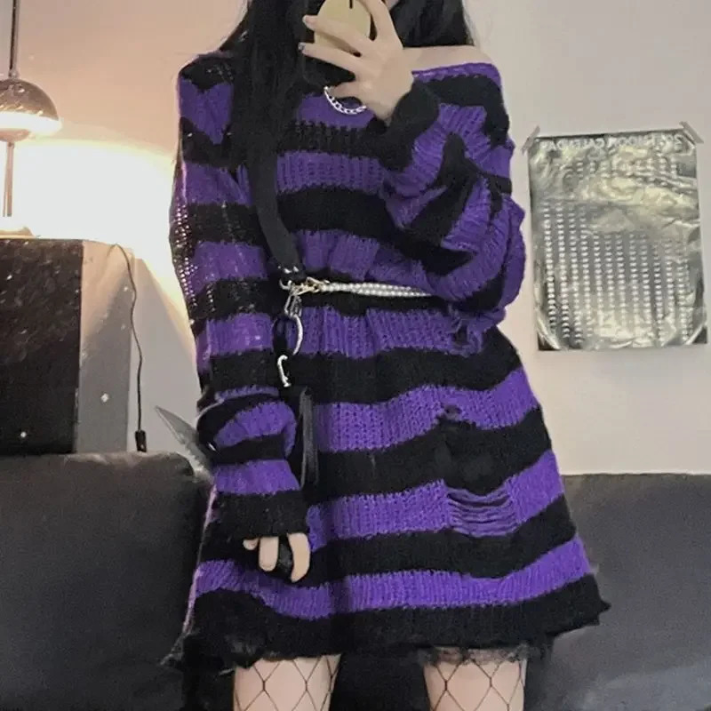 TUMAO Women Y2K E-girl Goth Hole Striped Knitted Pullovers Long Sleeve Ripped Sweater Jumpers Punk Style Kawaii Harajuku 250614
