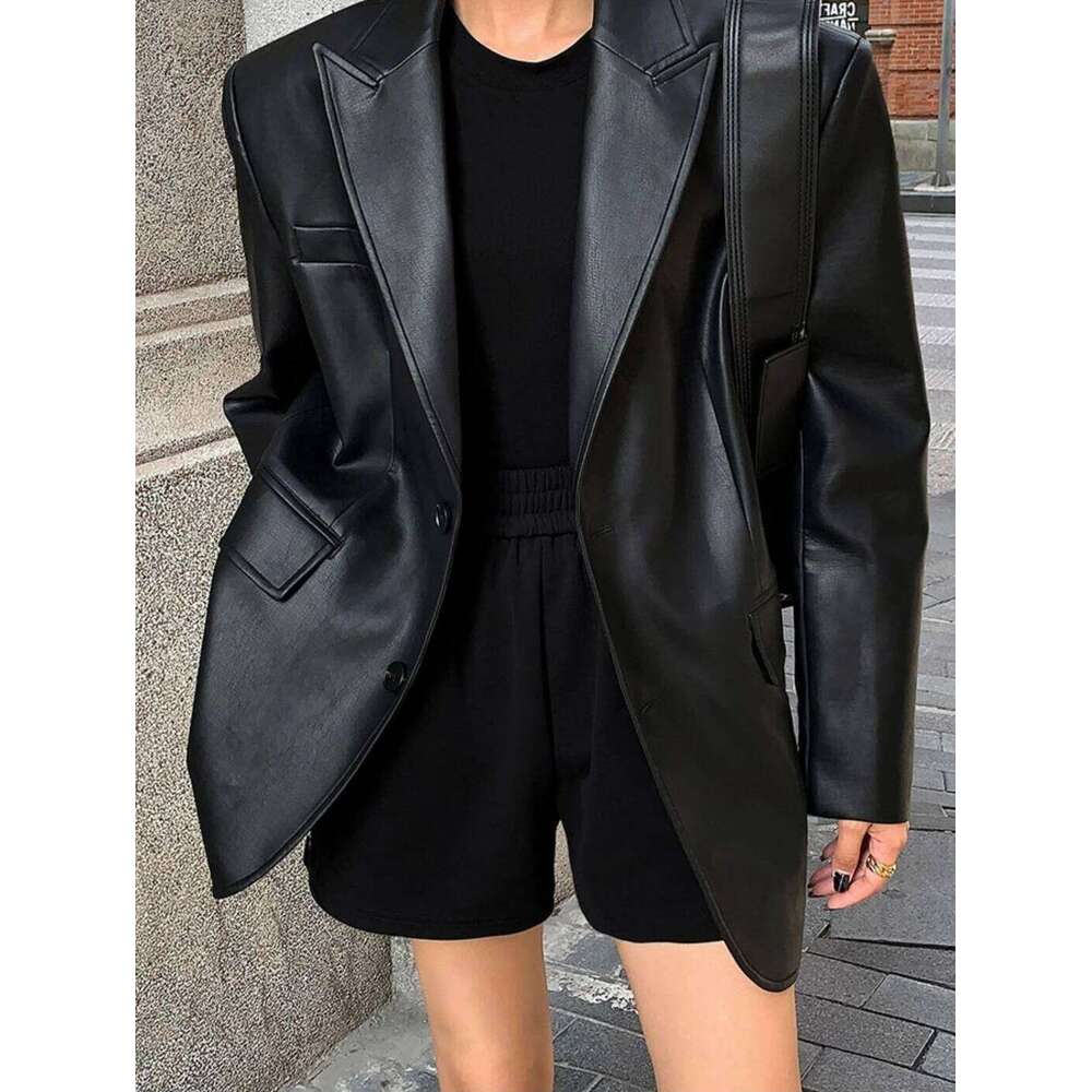 Vintage Autumn Black Brown Soft Pu Leather Blazer Women Biker Coat Long Sleeve Flap Pocket Suit Jacket Oversized Streetwear
