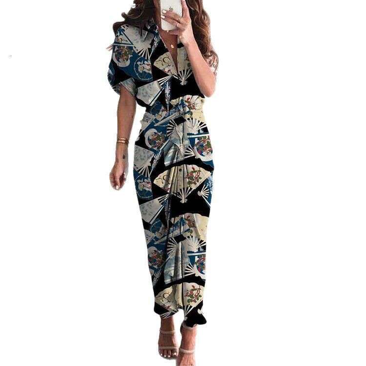 Spring New Women's Short Sleeve Elegant Fashion Commuter High Waist Printed Cardigan Dress B5