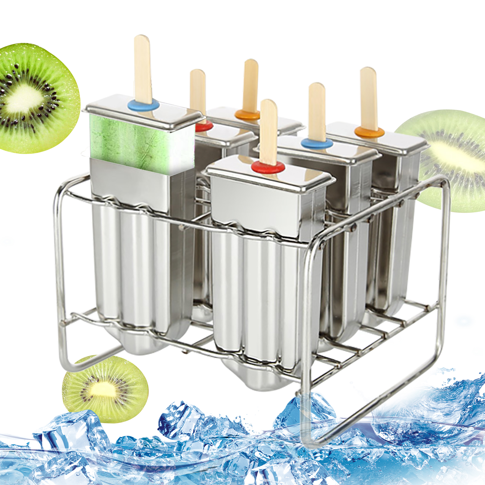 6 Pcs Stainless Steel Ice Cream Molds Round Head Double Cavity 85g Per Pop Homemade Ice Lolly Maker Reusable DIY Popsicle Freezer Tray BPA Free