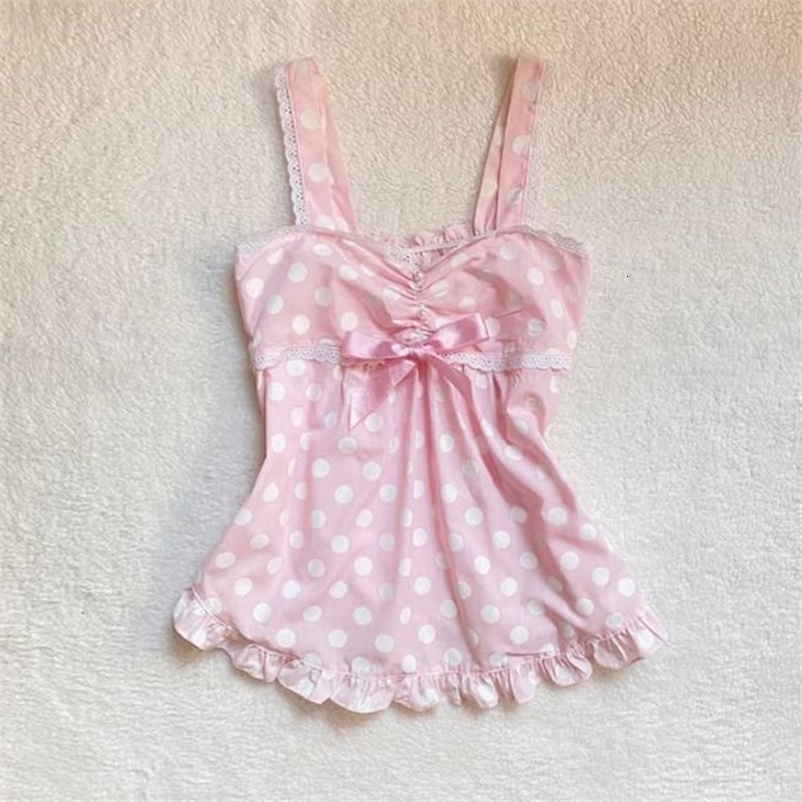 Womens Sweet and cute fairy tale style Y2K casual slim crop top polka dot kawaii bow lace all-match American Gothic cartoon top 250616