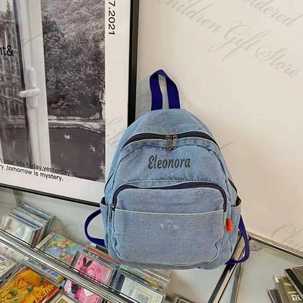 Free Shipping Embroidered Name Womens Denim Backpack Personalized College Student Bag Book Bag Customized Denim Canvas Backpack Z250617