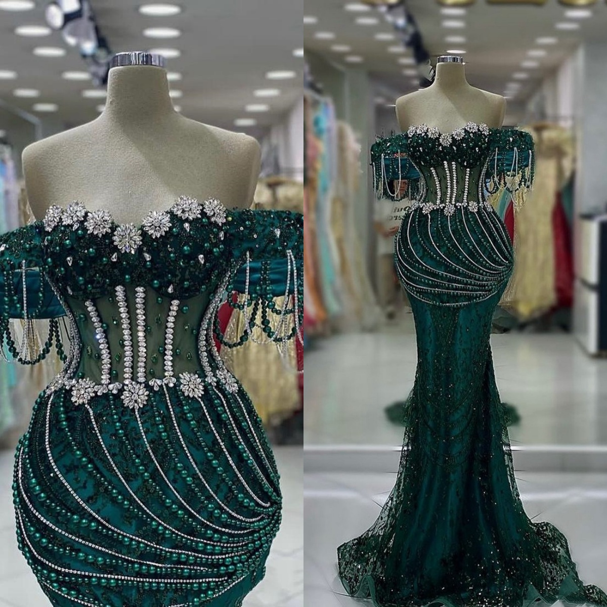 Aso Ebi Evening Dresses For Black Women Hunter Green Beaded Tassel Evening Gowns Beading Customized Red Carpet Dress