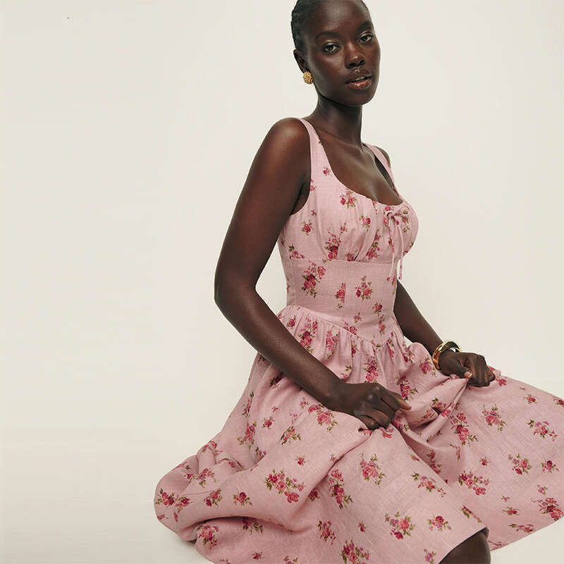 Designer Dresses for Women Whitedress Buttock 789 Summer New 2025 Linen Pink Square Neck Mid-length Vacation Dress French Style Women