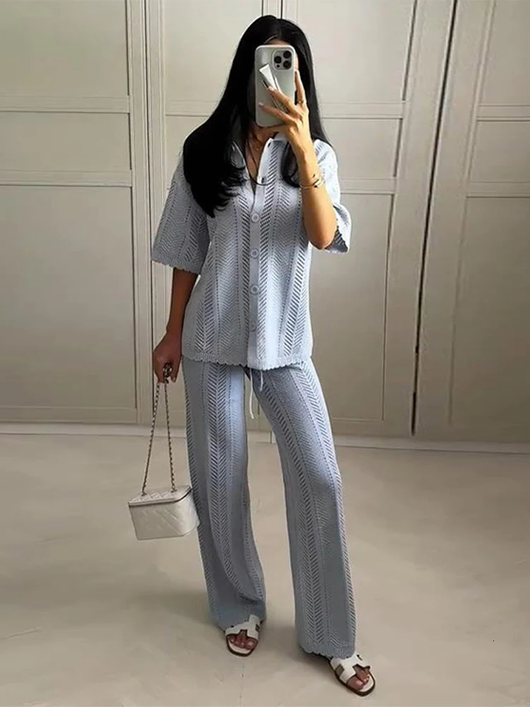 Casual Knit Pants Suits Women Lapel Short Sleeves Hollow Out Single Breasted Outfits Female 2025 Summer Elastic Waist Sets Lady 250616