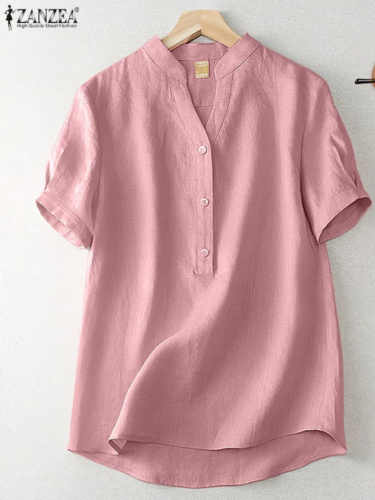 ZANZEA Summer Elegant Loose Chemise Cotton Blouse Vintage OL Work Tunic Tops Women Casual Solid Shirt V Neck Short Sleeve Blusas 250614