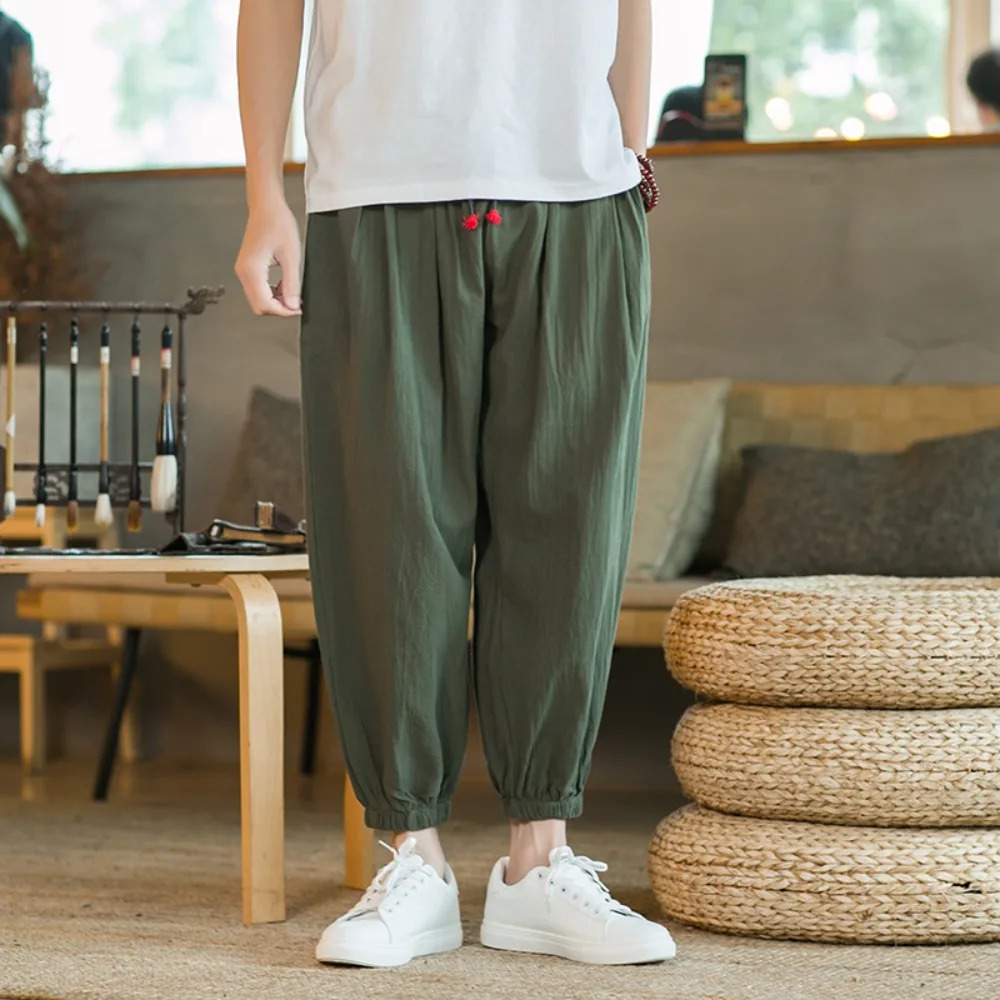 Mens Cotton and Linen Harem Pants Casual Loose Oversize Beach Pants Chinese Style Wide Leg Trousers Joggers Men Summer 250614