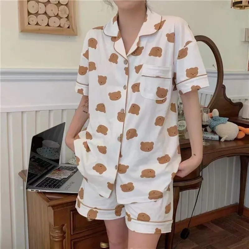 Pajamas Women Summer Cartoon Cute Bear Short Sleeve Nightwear Loungewear Set Ladies Cardigan Striped Plaid Short Sleepwear 250616