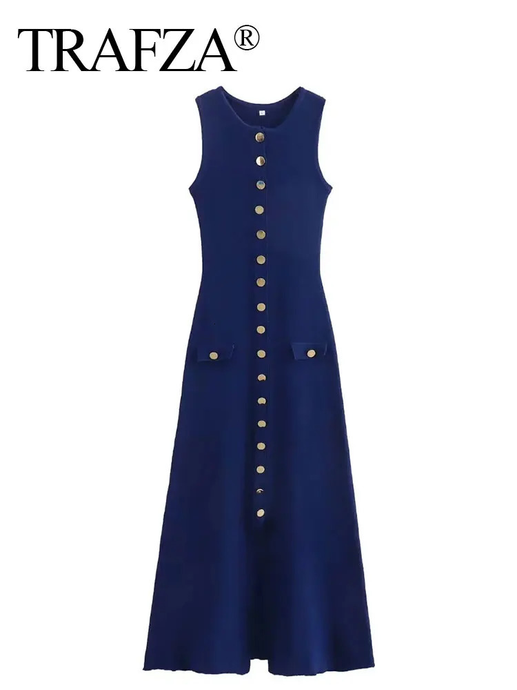 TRAFZA Women Elegant Solid Knitted Dress Single Breasted O Neck Sleeveless Dresses With Pockets Slim Midi Dress Office Lady 250614