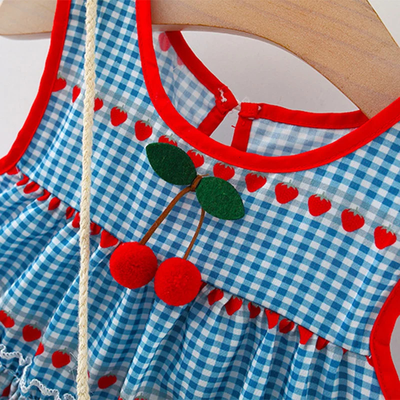 2 Pcs Baby Girls Summer Dress with Sleeveless Round Neck Plaid Heart Cherry Cotton Skirt and Diagonal Cross Bag Included 250617