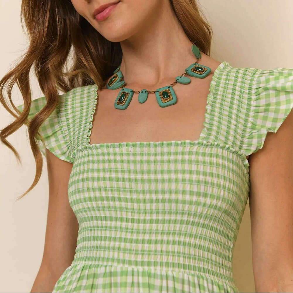 Fulllace Designer Dress Goth Vestidos De Noche Womandress 604 Summer New 2025 Green Plaid Pure Cotton A-line Square Neck Flutter Sleeve Long Dress Fre