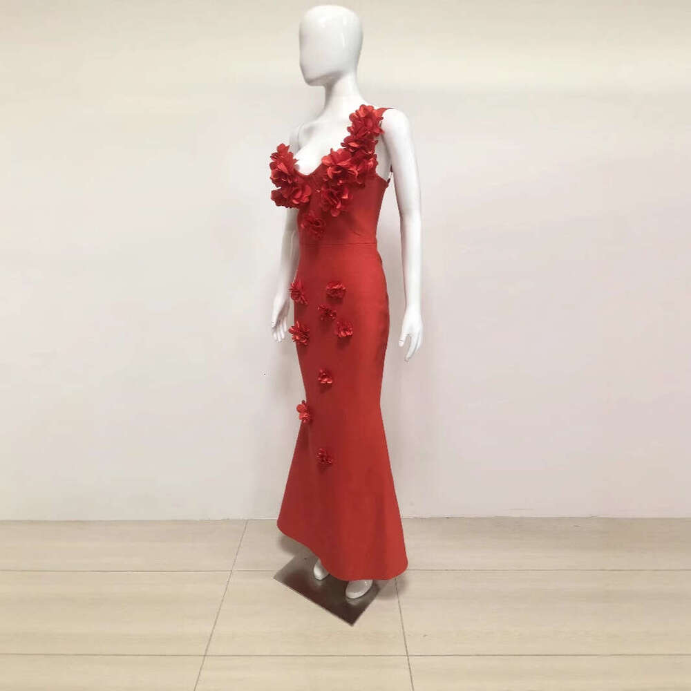 Red Strapless Floral Sexy Socialite Style Long Dress Gown