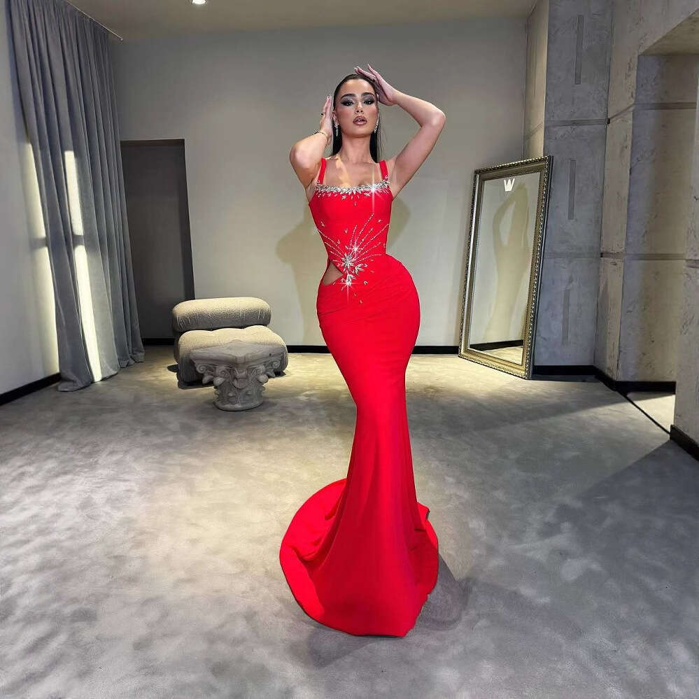 New Style Spaghetti Strap Elegant Bodycon with Rhinestones Slim Fit Long Evening Gown Dress