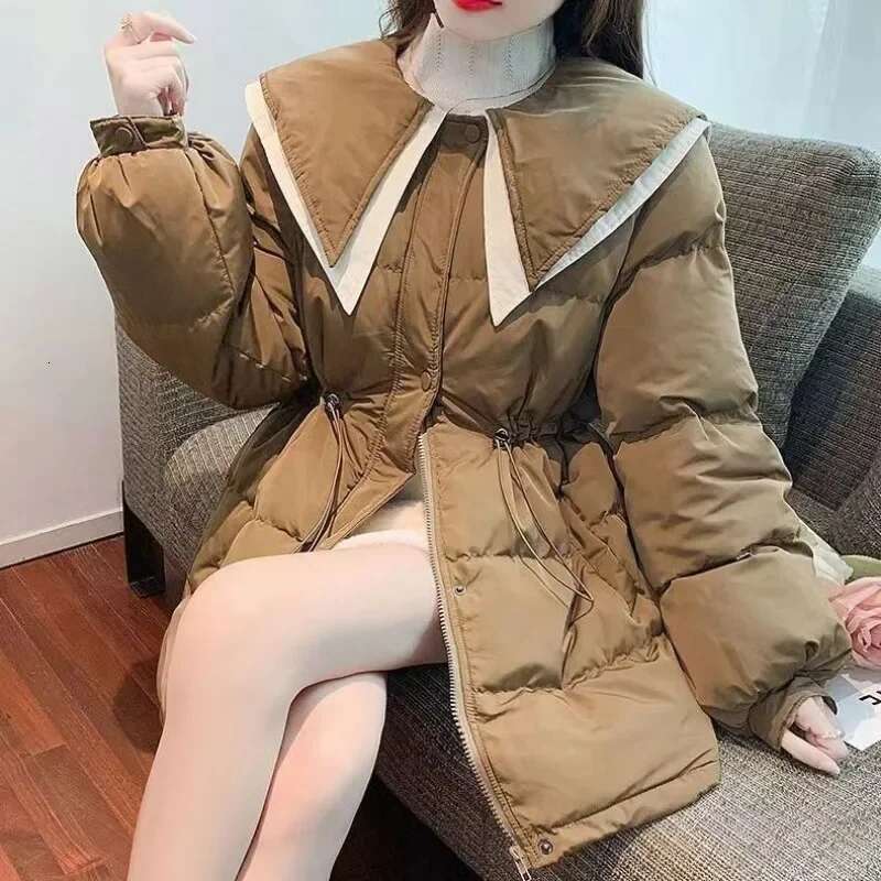 Slim Fit Zip-up Coats for Women Navy Collar Parkas Woman Korean Style Clothing Discount Outdoor Clothes Lined Modern Hot Jackets