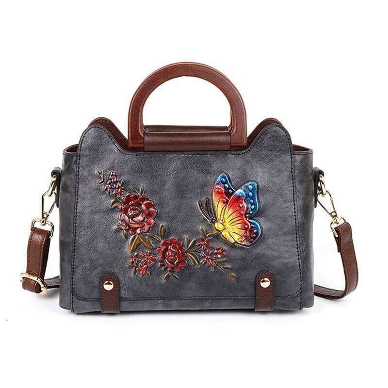 Vintage Women Genuine Tote Bag Anti-Theft Ladies Cow Leather Handbag Floral Female Cowhide Shoulder Or Crossbody Bags