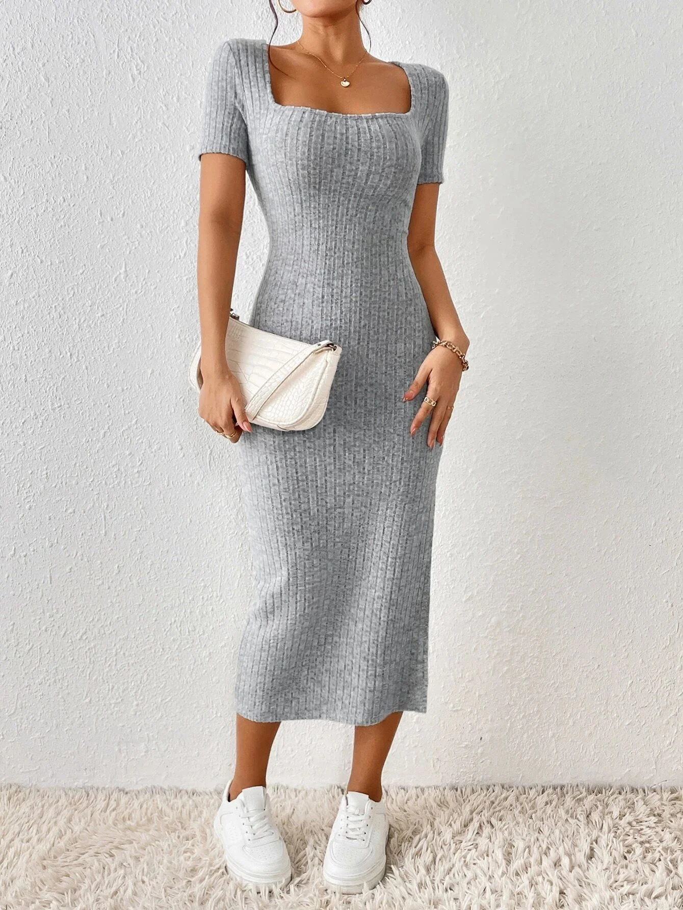 Women Spring Summer Style Knitted Dress Lady Casual Short Sleeve Square Collar Side Slit Dress Vestidos 250616