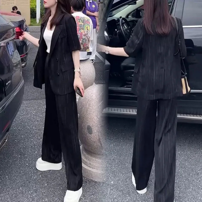 Summer Women Workwear Matching Sets Office Lady Casual Loose Short Sleeve Blazers Pants Outfits Jackets Trousers Suits 250612