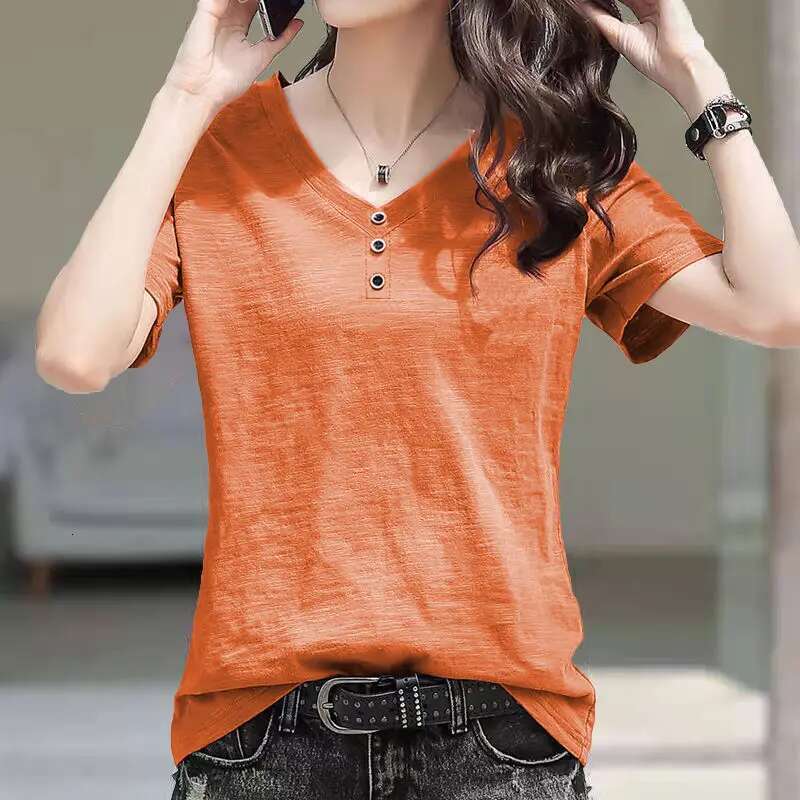 V Neck Top for Women Plain T Shirts Female Short Sleeve Pulovers Yellow Cotton Linen Tees Luxury New In Tall Sexy Slim O Clothes