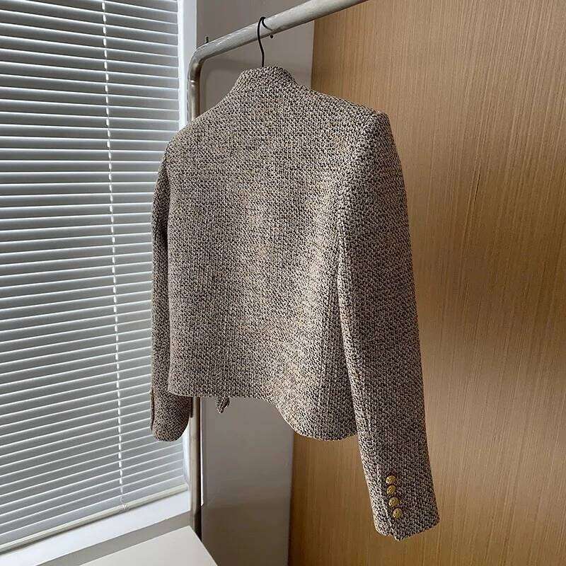 Korea Tweed Jacket Autumn New Women's Stand Collar Golden Buttons Elegant Coats Classic Weave Plaid Small Fragrance Blazer Q989