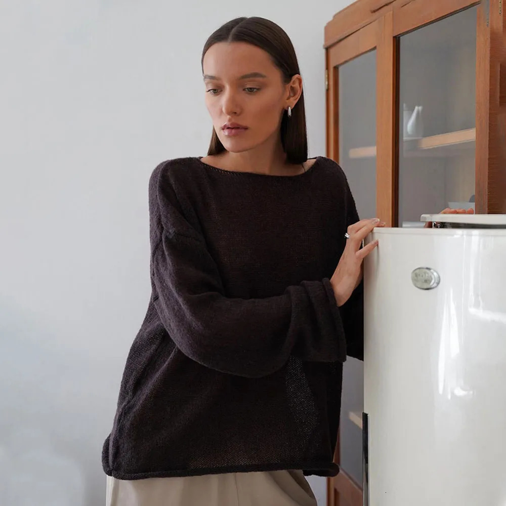 Talenza Hollow Knitted Sweater Pullover Womens Solid See-through O-Neck Long Sleeve Knitted T-Shirt Loose Casual Pullover 2025 250616
