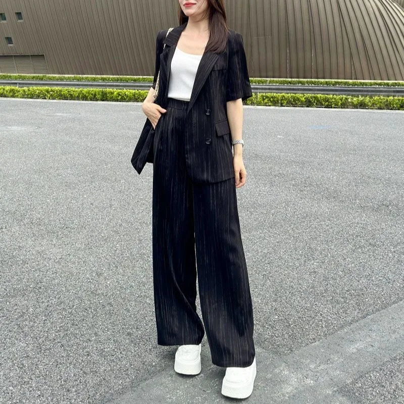 Summer Women Workwear Matching Sets Office Lady Casual Loose Short Sleeve Blazers Pants Outfits Jackets Trousers Suits 250612