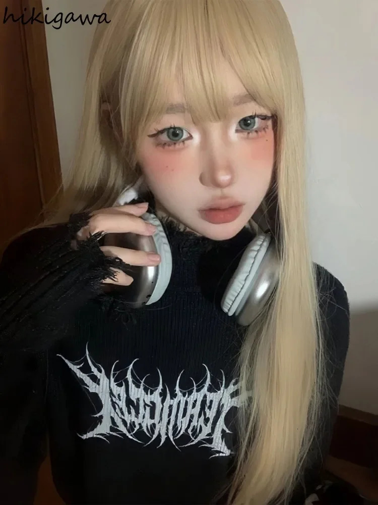 Punk Print Women Sweater O-neck Casual Fashion Jumper Pull Femme Streetwear Hole Tassel Knitted Y2k Pullovers Tops Sueter Mujer 250614