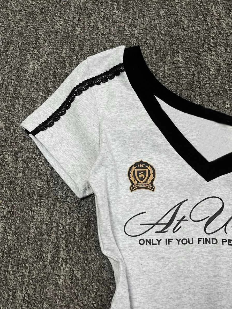 Millennium style Gothic Girl Waist Splicing Lace Strap Short Sleeve T-shirt for Women Summer navy blue slim fit top 250616