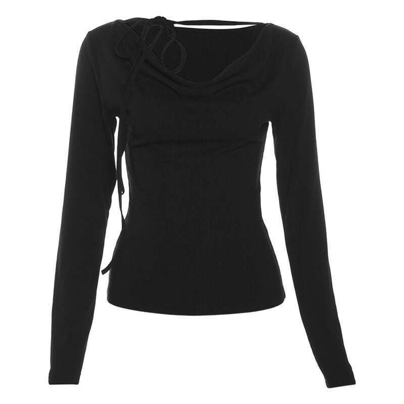 Summer New Women's Solid Color Slim Fit Fashion V-Neck Long Sleeve Tie T-Shirt B5
