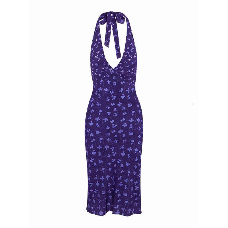 Women Dress Dresses for Woman Vestidos 841 Zhao Lusi Same Style Summer New 2025 Purple Print Deep V-neck Backless Slim Fit Silk Dress
