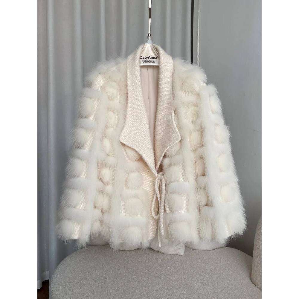 CXFS Real Fox Fur Coat Women 2024 Autumn Winter Knitted Cardigan Jacket blended Thick Warm New Fashion Belt Turn Down Collar