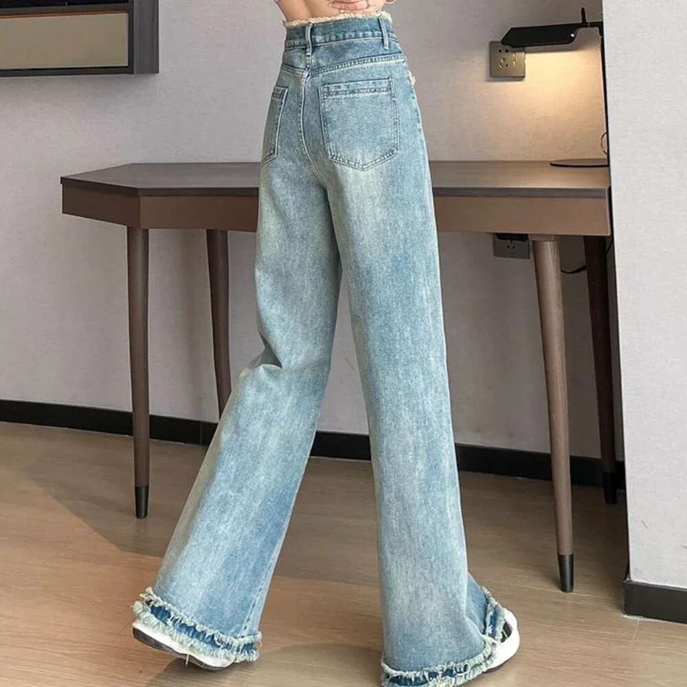 White Trousers High Waist Shot Blue With Pockets Pants For Woman Straight Leg Womens Jeans Medium Trend Unique Basics Fitted Z