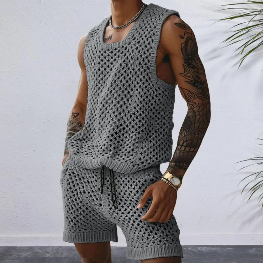 Vest Shorts Set Mens Casual Sleeveless Knit Top Drawstring Shorts Set for Daily Wear Elastic Waist Wide Leg Shorts for Mens 250616